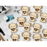 Wooden angel figures with heart numbers on a marble surface