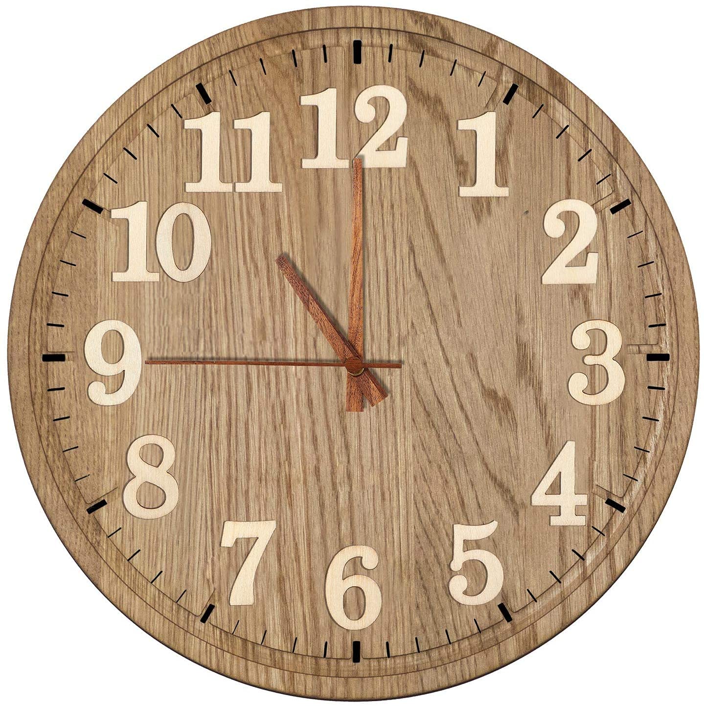 Wooden clock with white numbers on a white background