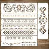 Set of decorative stencils with various patterns on a wooden surface