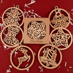 Wooden Christmas ornaments with intricate designs on a red background