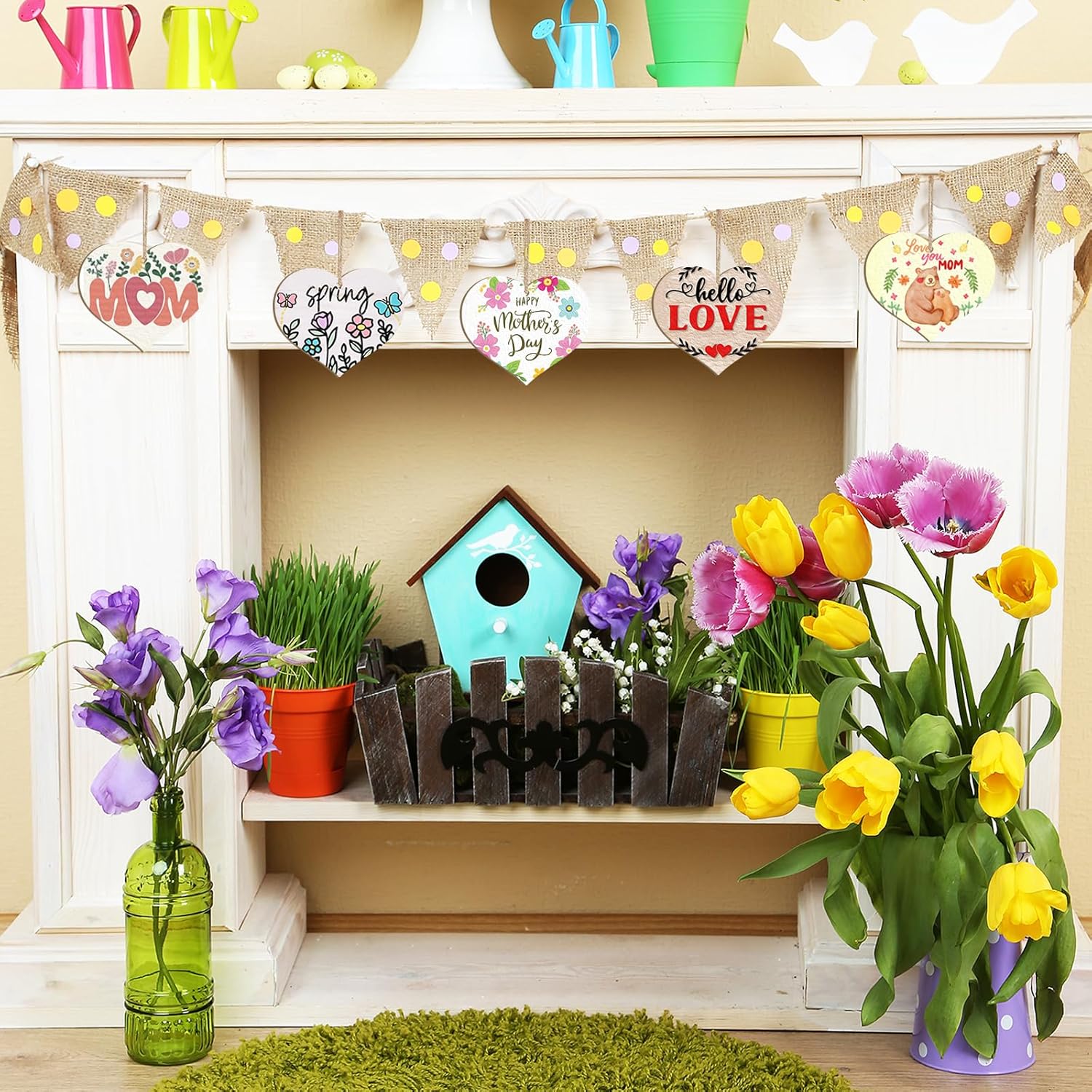 Decorative shelf with flowers, birdhouse, and bunting in a home setting