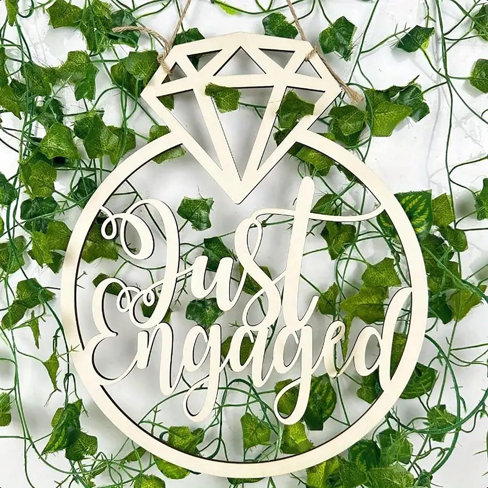 elegant wooden engagement sign with diamond motif