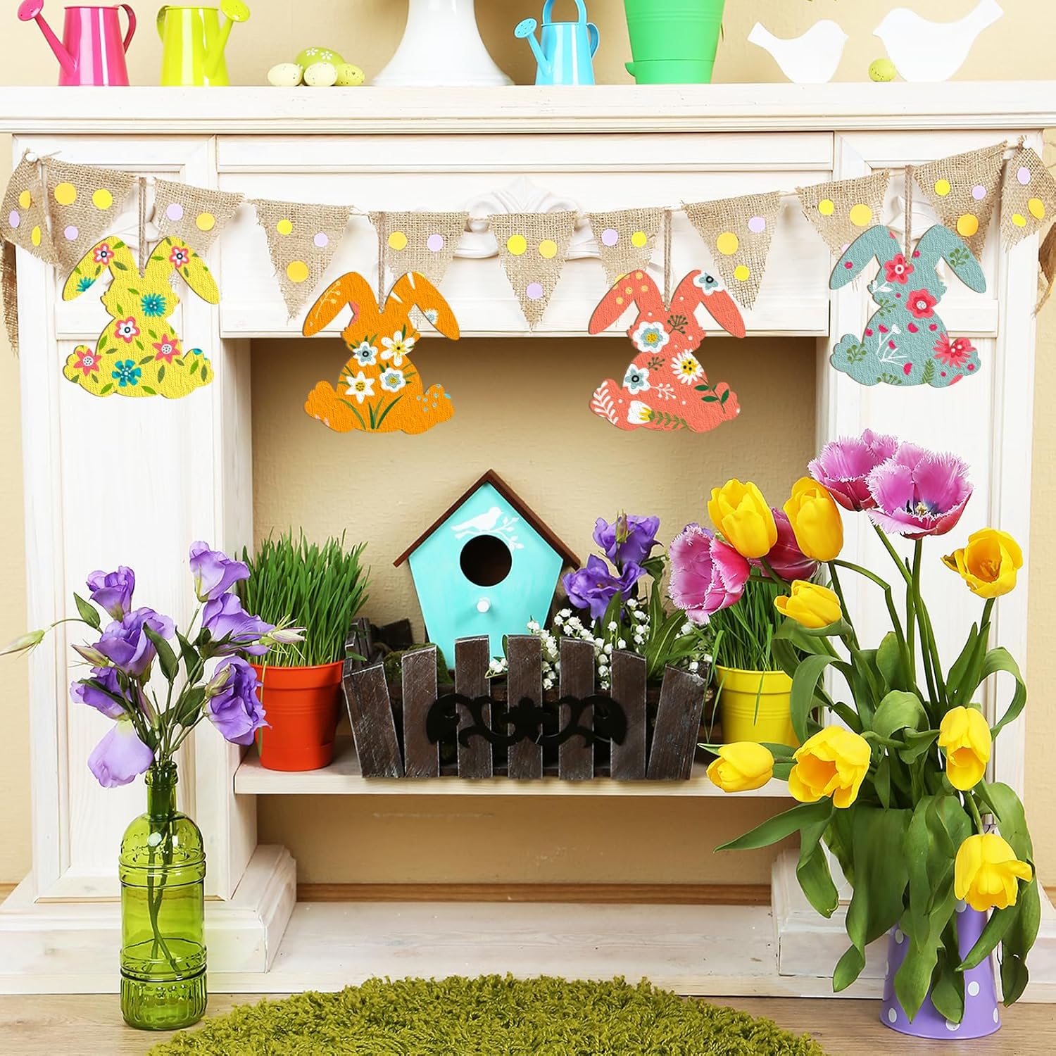 Decorative Easter shelf with colorful bunnies, birdhouse, and flowers.