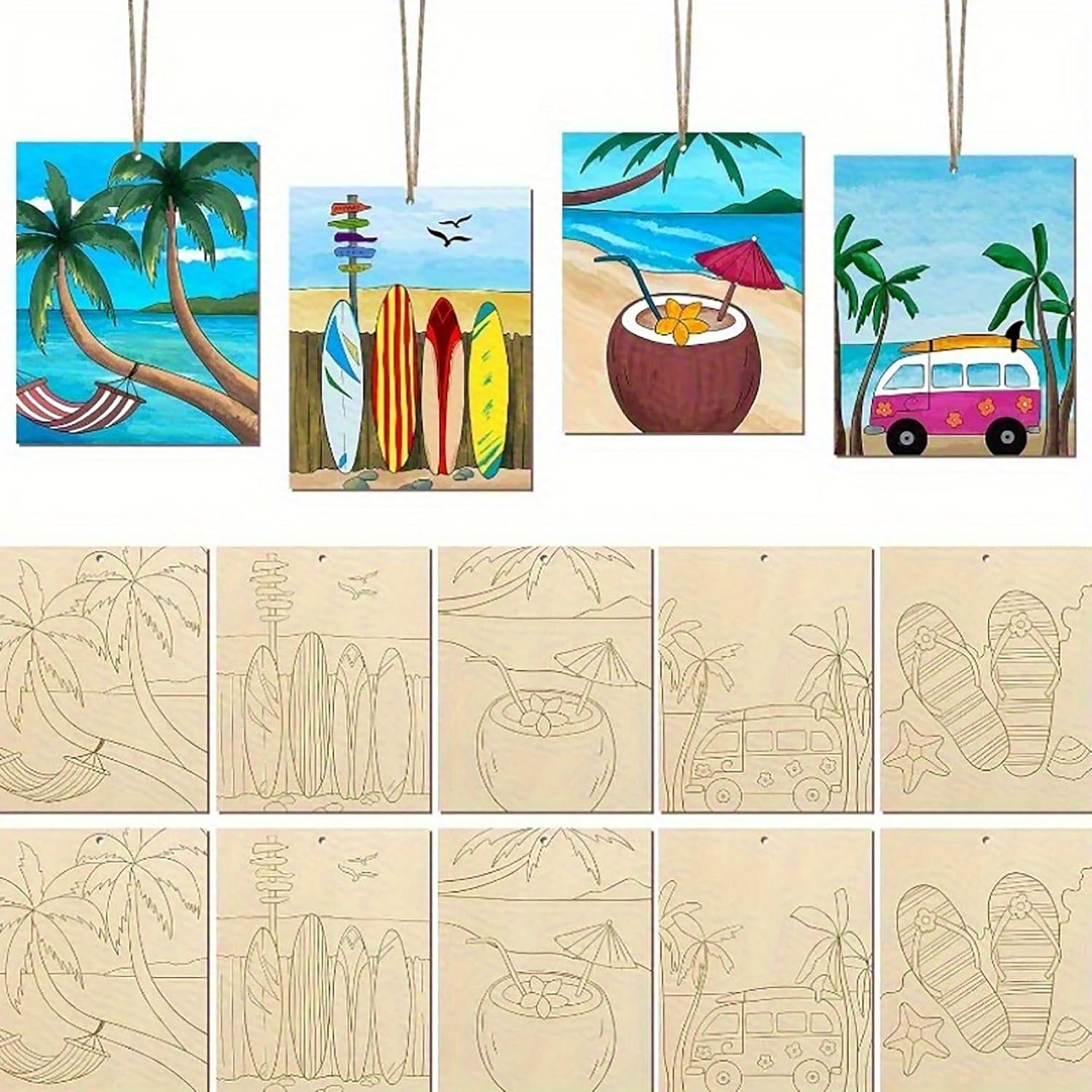 Set of beach-themed mini artworks with outlines for coloring on a beige background.