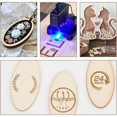 Collage of a laser engraving machine, engraved items, and wooden boards with engraved designs.