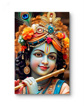 Colorful depiction of a deity with intricate headgear and a weapon, set against a white background.