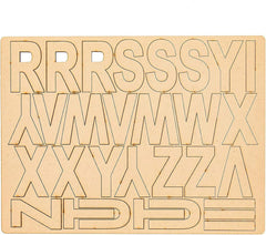 Wooden letters and symbols on a beige background