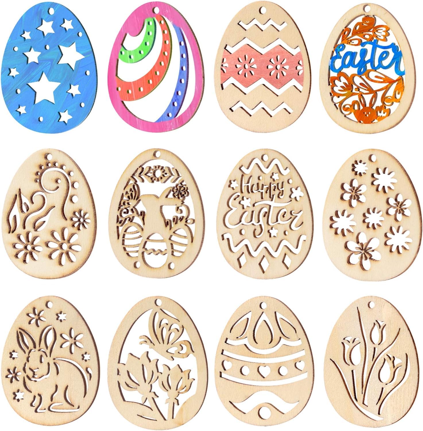 Set of wooden Easter egg cutouts with various designs on a white background