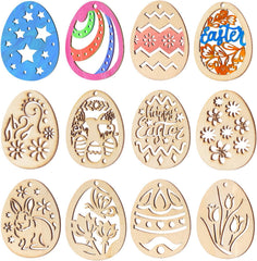 Set of wooden Easter egg cutouts with various designs on a white background