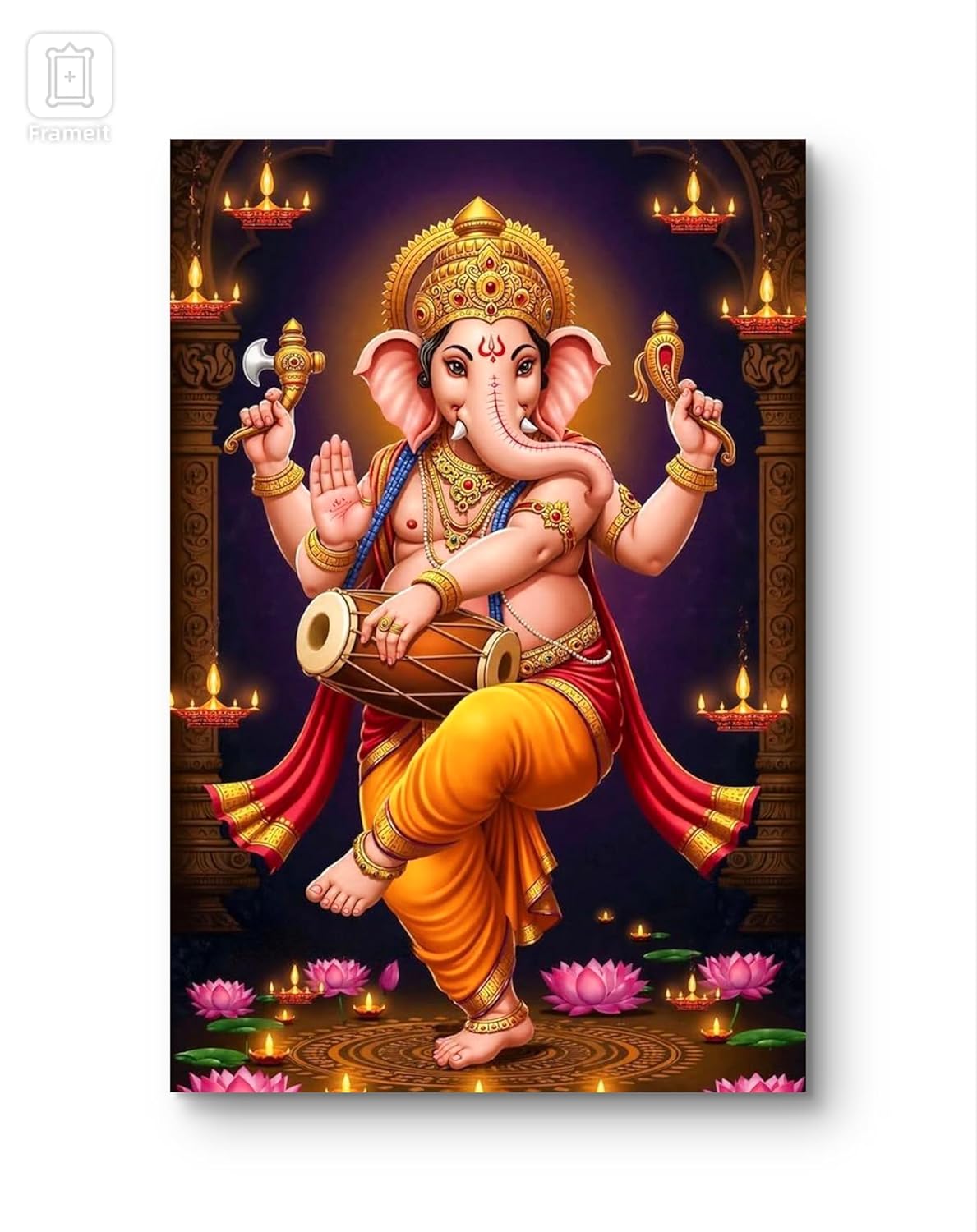 Colorful depiction of a deity with traditional attire and accessories on a dark background.