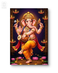 Colorful depiction of a deity with traditional attire and accessories on a dark background.
