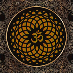 Decorative mandala with Om symbol in the center on a black background