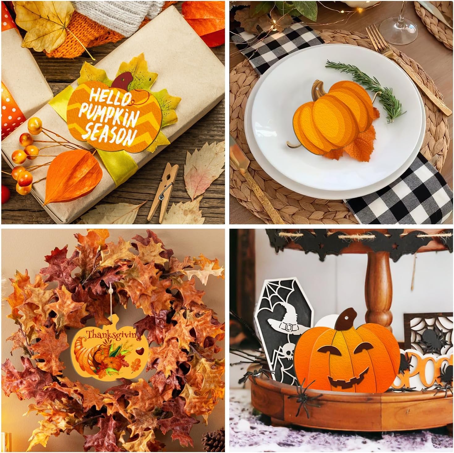 Collage of Halloween and Thanksgiving-themed decorations including a wreath, pumpkin, and leaf-themed items.
