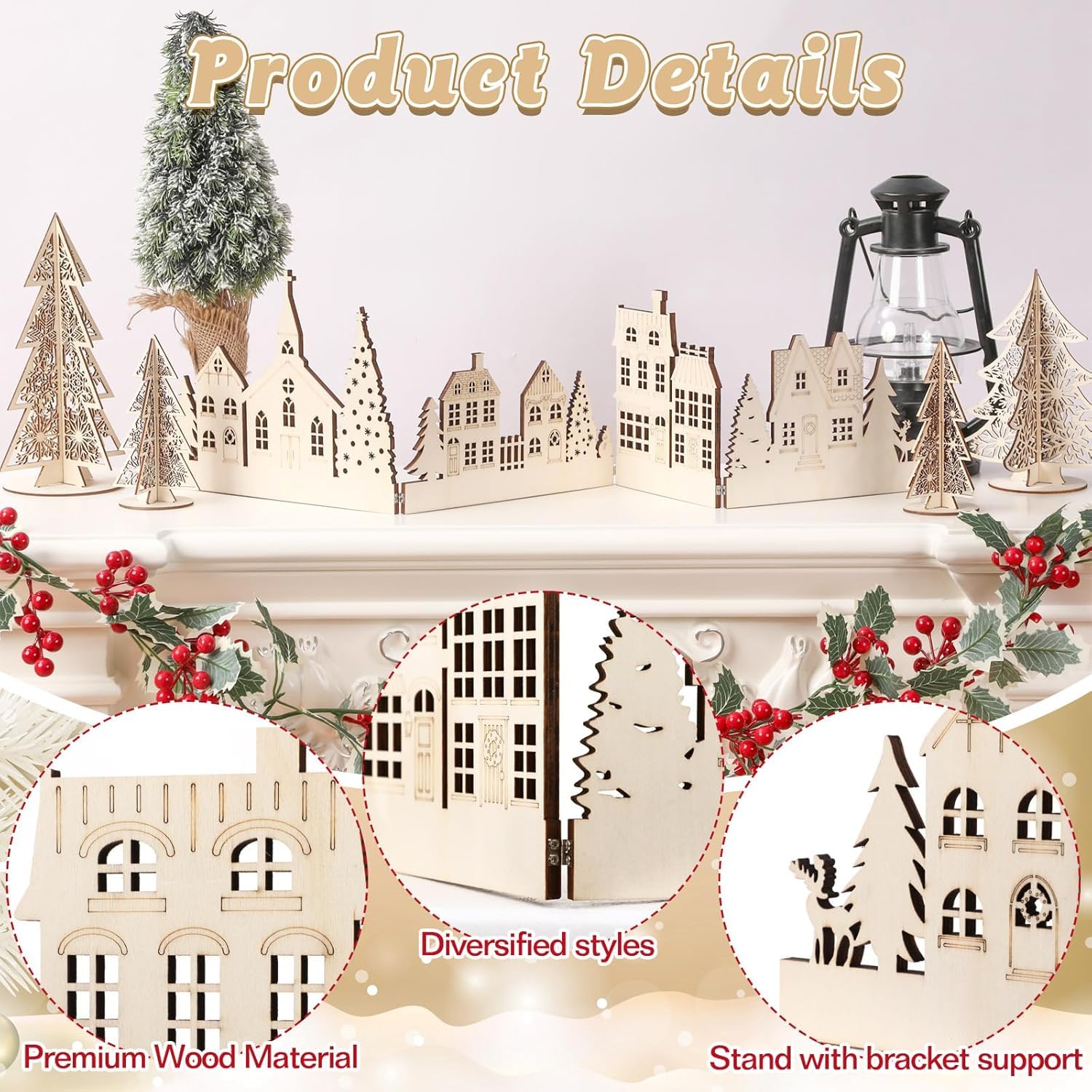 Wooden Christmas village scene with houses, trees, and lantern on a mantelpiece.