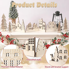 Wooden Christmas village scene with houses, trees, and lantern on a mantelpiece.