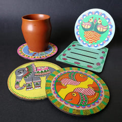 American Elm Wooden Coaster Painting Kit, 4 Pieces, 4 Inch, Madhubani Art Designs, with Brushes