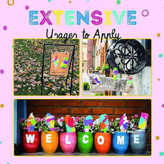 Colorful 'WELCOME' pots with decorative items on a pink background with text about extensive uses.