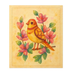 Colorful illustration of a bird surrounded by flowers on a beige background