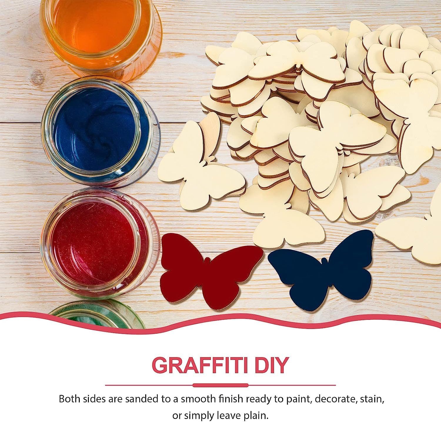 Wooden butterfly shapes with paint jars on a wooden surface, labeled 'Graffiti DIY'.