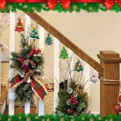 Decorative Christmas staircase with wreaths, ornaments, and garlands.