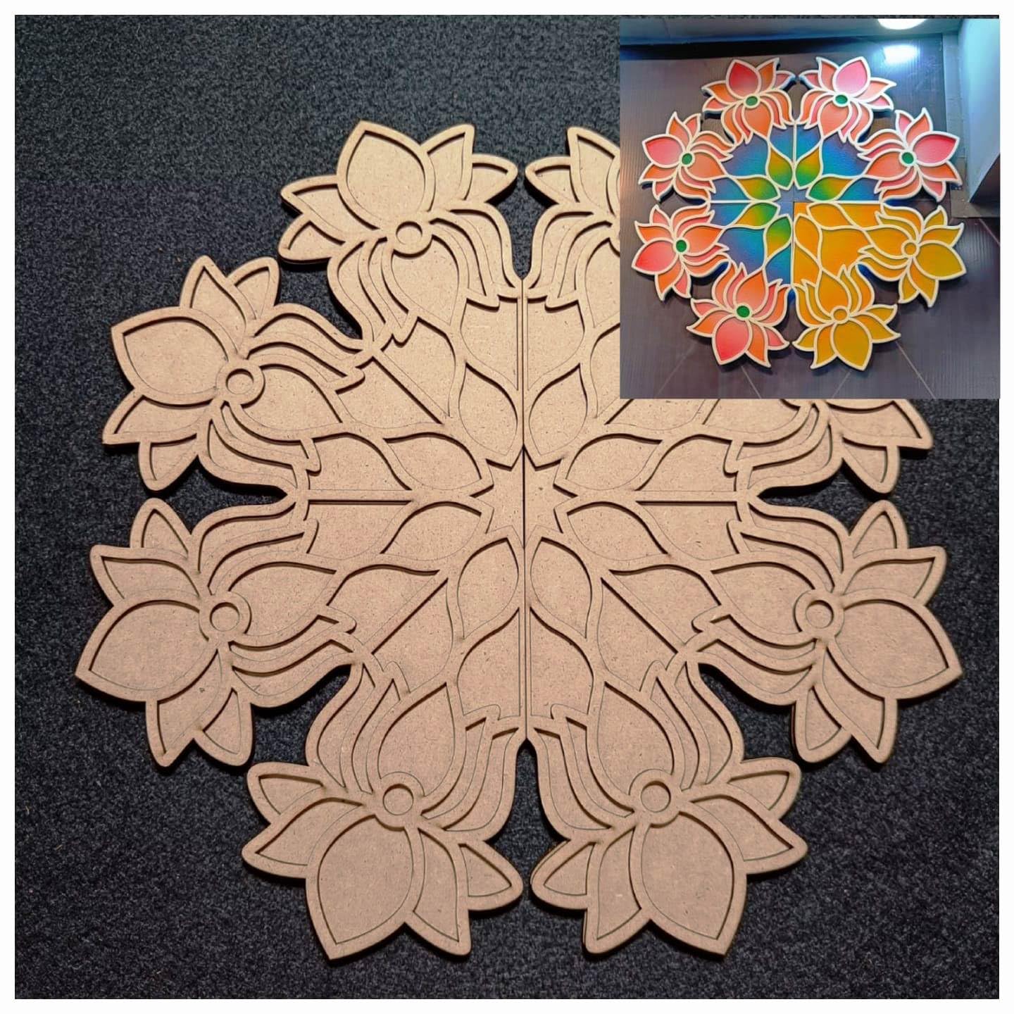 Decorative wooden cutout with floral design on a black background, showing a colorful painted version.