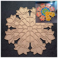 Decorative wooden cutout with floral design on a black background, showing a colorful painted version.