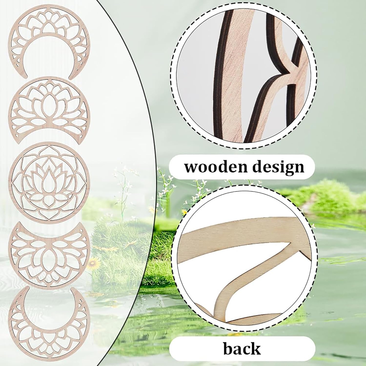 Wooden design elements with close-up details on a natural background