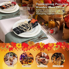 Thanksgiving-themed wooden plate decor with place setting on a table, suitable for events like weddings, restaurants, Thanksgiving dinners, and birthday parties.