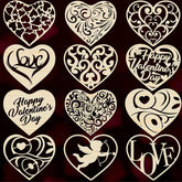 Decorative heart shapes with various designs on a dark background