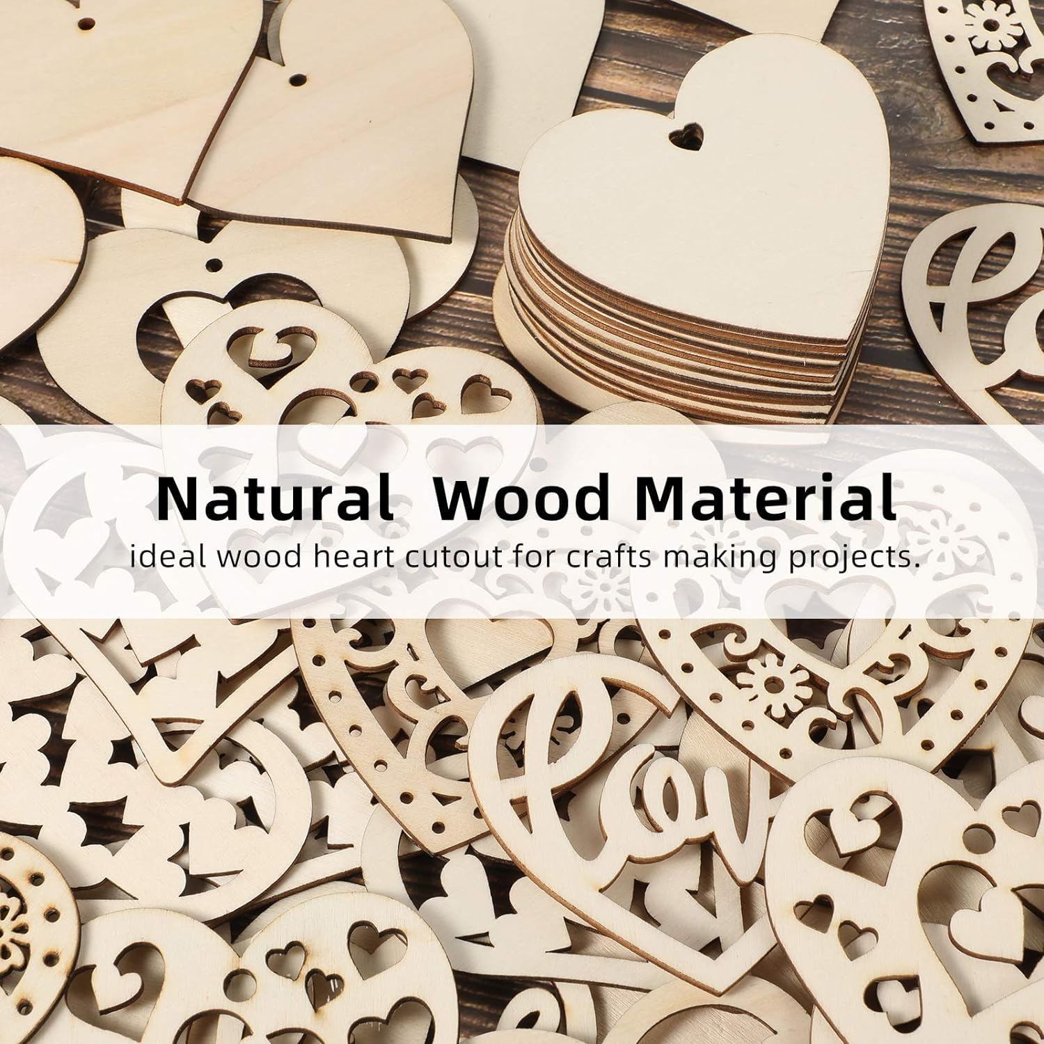 Wooden heart cutouts with 'love' engraving on a wooden surface, labeled as natural wood material for crafts.