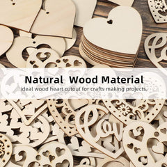Wooden heart cutouts with 'love' engraving on a wooden surface, labeled as natural wood material for crafts.