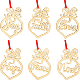 Set of six wooden Christmas ornaments with words 'Joy', 'Faith', 'Love', 'Hope', 'Peace', and 'Noel' on a white background.