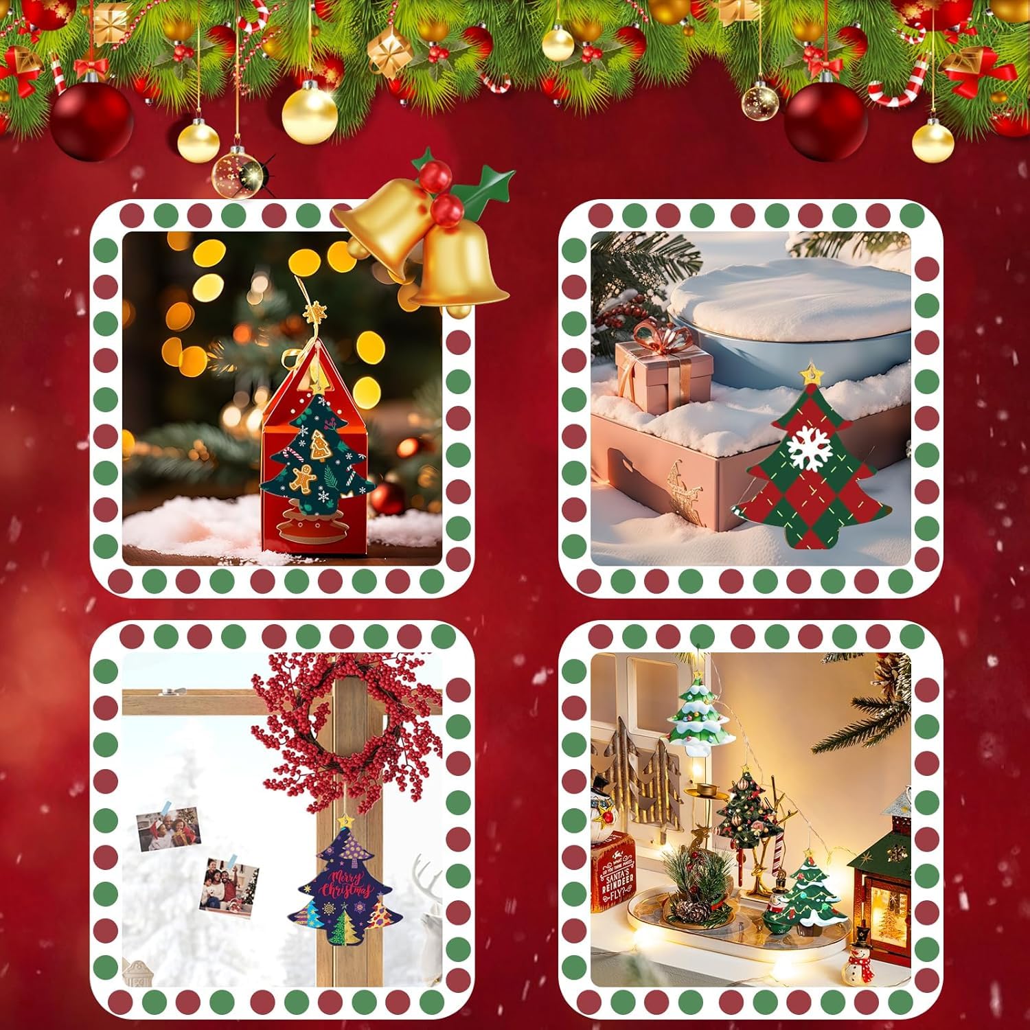Four Christmas-themed cards with decorative elements on a red background.