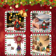 Four Christmas-themed cards with decorative elements on a red background.