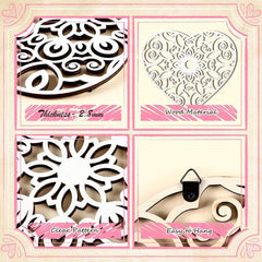 Decorative cutout shapes with material and feature details on a pink background