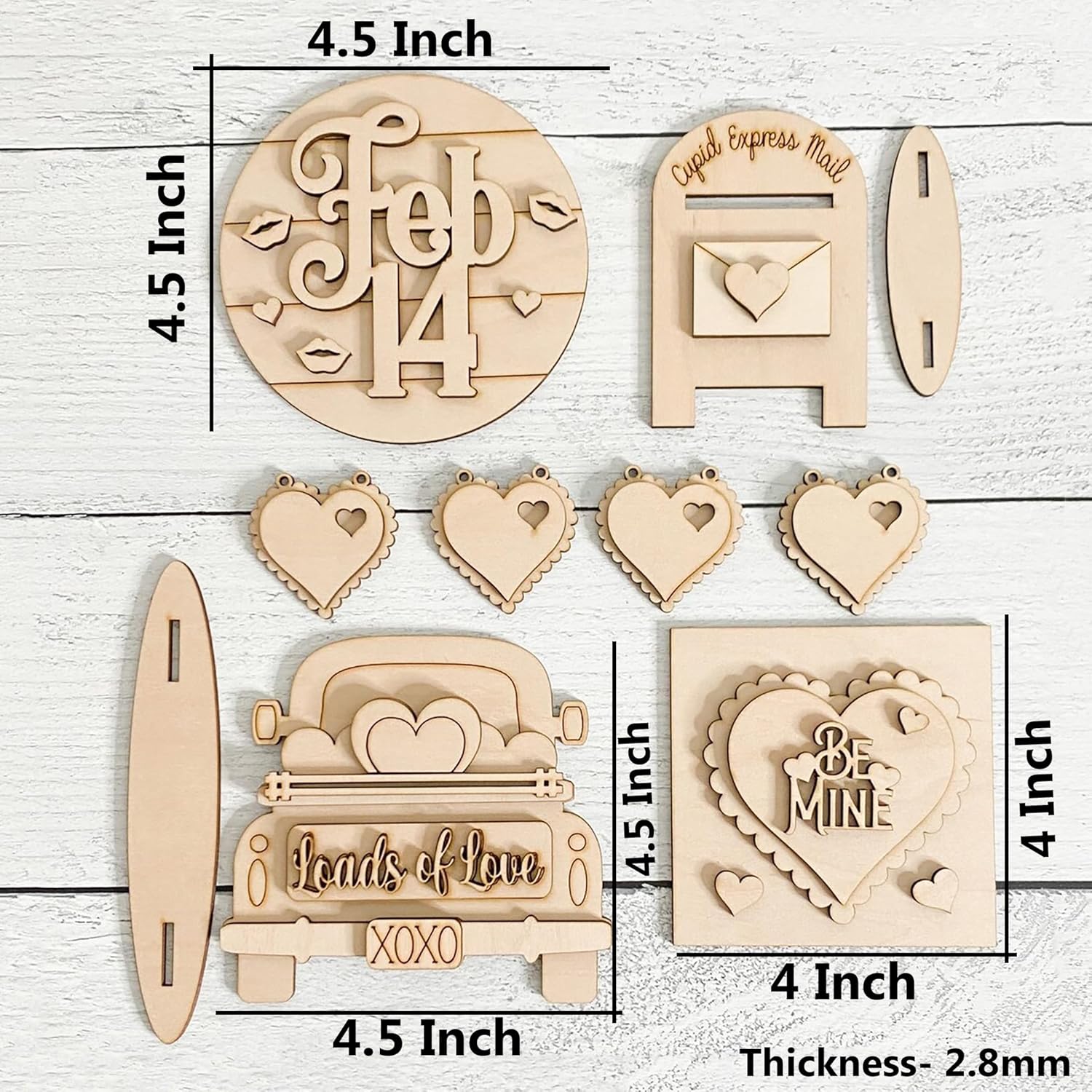 Set of wooden decorative pieces with measurements on a wooden background