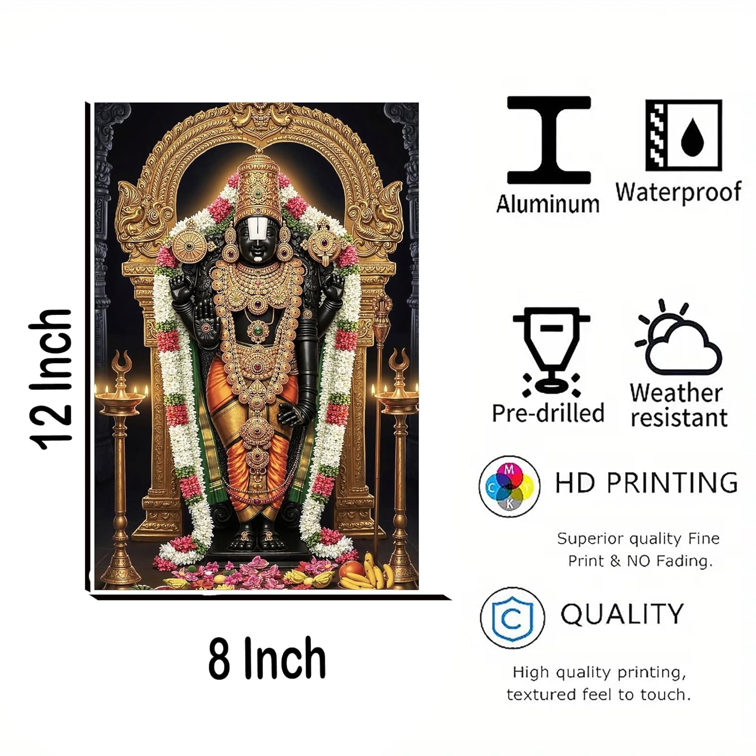 Decorative panel with a神像 (divine figure) and product features on a white background