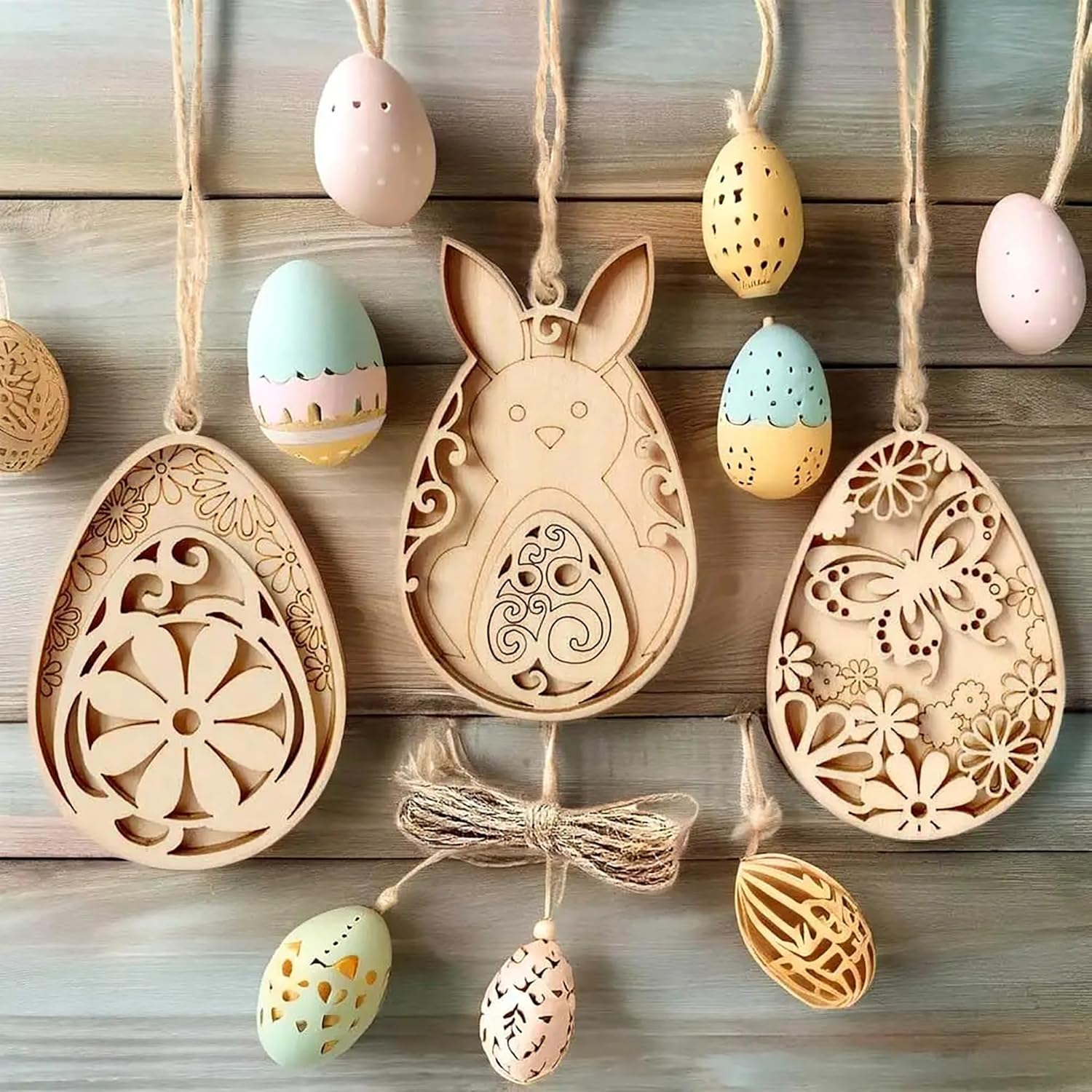 Wooden Easter decorations including a bunny and eggs on a wooden background