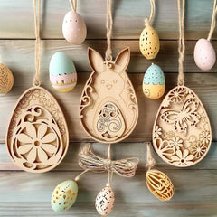 Wooden Easter decorations including a bunny and eggs on a wooden background