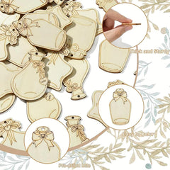 Wooden craft shapes with pre-drilled holes, hand holding a paintbrush, and decorative elements on a white background.
