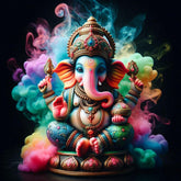 Colorful statue of a deity with smoke effects on a dark background