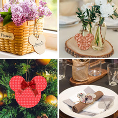 Collage of decorative items including a basket of flowers, a heart-shaped ornament, a Christmas tree ornament, and a table setting with a napkin ring.