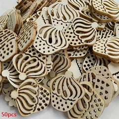 Wooden pumpkin-shaped decorations with laser cut patterns on a white background, labeled '50pcs'.