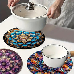 Colorful mandala coasters with a pot and mug on a table