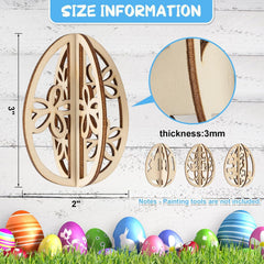 Wooden Easter egg with cut-out design, size information, and colorful Easter eggs on grass.