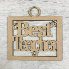 Wooden plaque with 'Best Teacher' text on a textured gray background