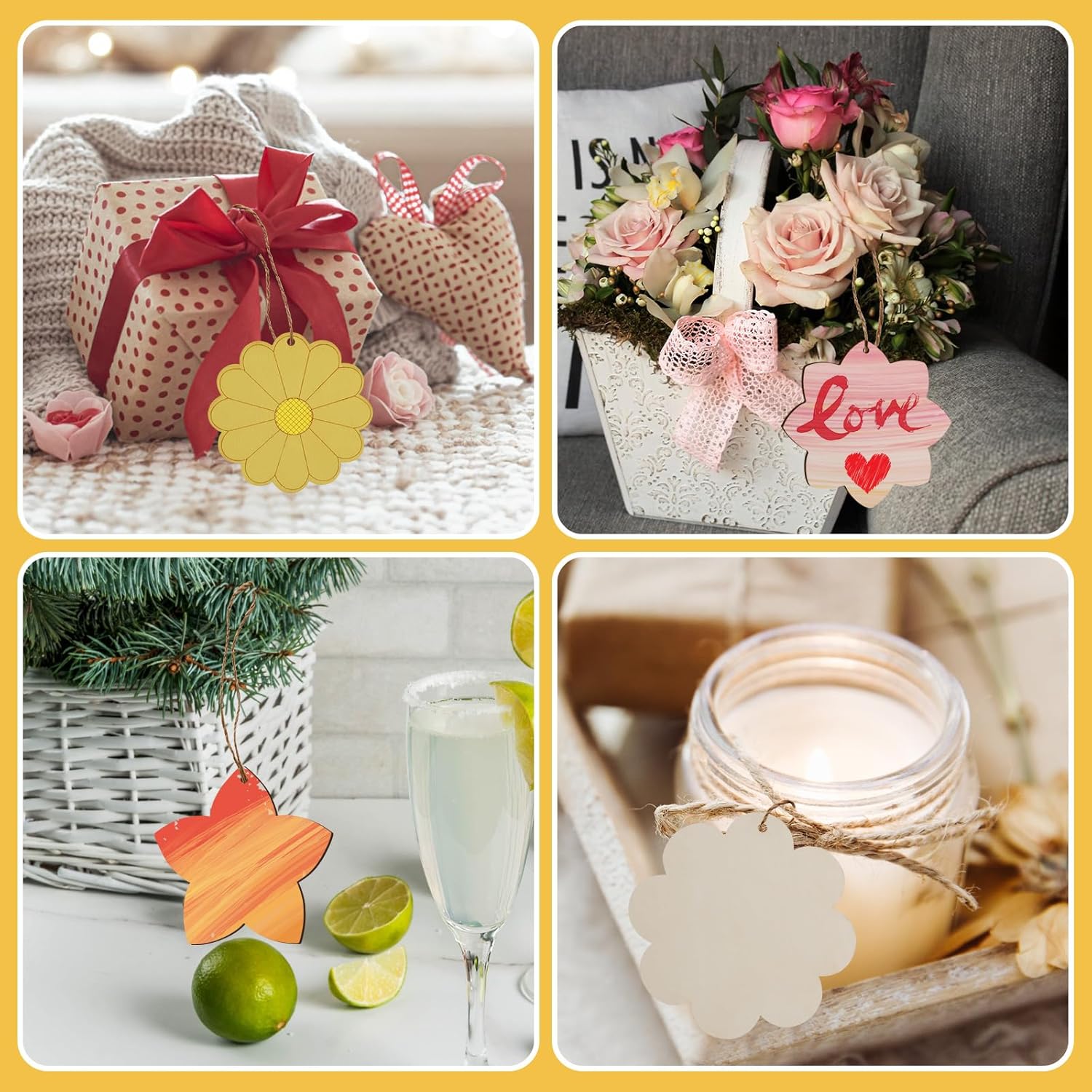 Collage of decorative items including pillows, flowers, a candle, and Christmas decorations.