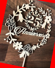 Cliths Wooden 25th Anniversary Cake Topper Rustic Wedding Anniversary Cake Decoration for Couple Silver Jubilee Party Decor Cake Accent for Dessert Table