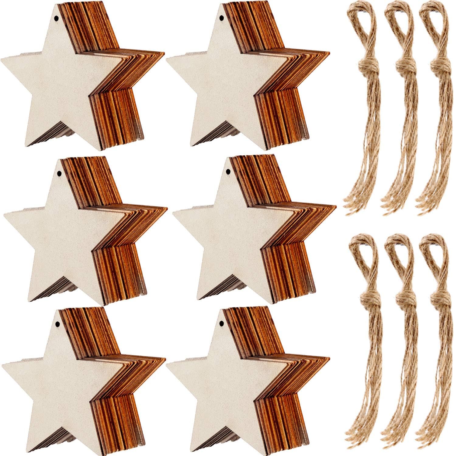 Wooden star-shaped ornaments with brown accents and twine strings on a white background