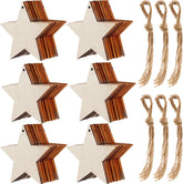 Wooden star-shaped ornaments with brown accents and twine strings on a white background